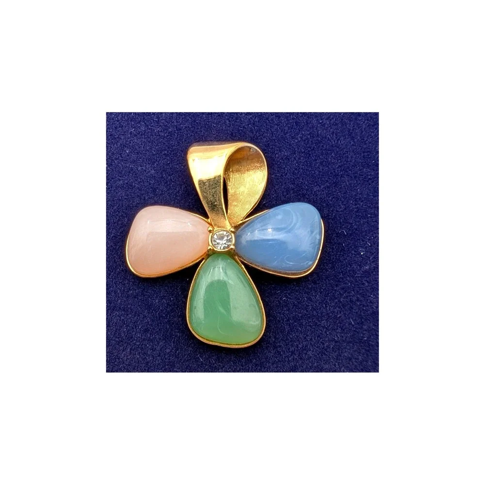 Vintage Avon Pastel Cabochon Flower Pendant Earrings Set Gold Tone Rhinestone
